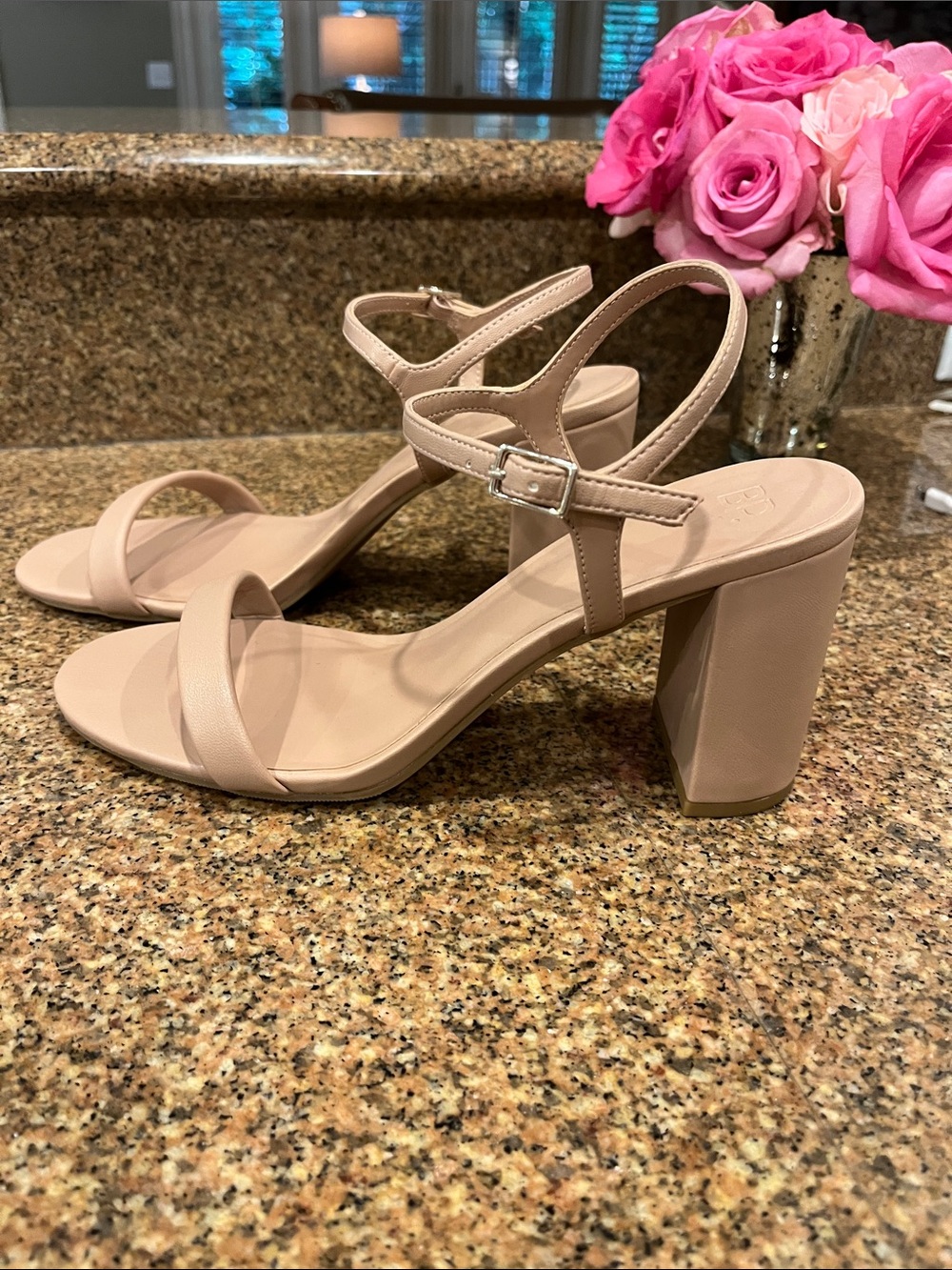 bp Blush Nude Ankle-Strap Block Heels